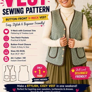 May include: A digital PDF sewing pattern for a button-front V-neck vest in sizes XS-XXXL with a bust range of 34.3-46.1 inches. The vest features a textured sage green fabric with dark brown trim, two patch pockets, and a button closure.