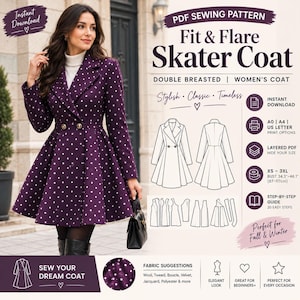 May include: A PDF sewing pattern for a double-breasted fit and flare skater coat with a white polka dot pattern on a dark purple background. The pattern includes technical line drawings, sizing from XS to 3XL, and a step-by-step guide.