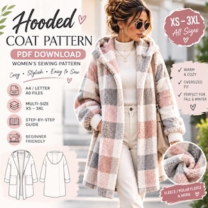May include: A PDF sewing pattern for a hooded coat featuring a plaid design in shades of pink, white, and grey. The pattern includes A4, letter, and A0 files for sizes XS to 3XL, a step-by-step guide, and a technical line drawing of the coat.
