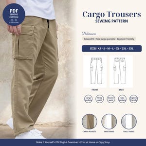 May include: A PDF sewing pattern for khaki cargo trousers featuring a relaxed fit, side cargo pockets, and an elastic strap waist. The document includes front and back technical line drawings, size options from XS to 3XL, and details on twill fabric.