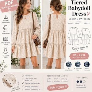 Può includere: Un abito babydoll beige con motivo a pois neri, maniche lunghe con polsini elastici, scollo rotondo e gonna arricciata a due livelli. Il retro presenta una chiusura con bottone a goccia. Modello di cucito digitale in formato PDF.