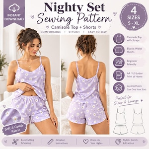 May include: A digital sewing pattern for a nighty set including a camisole top and shorts. The pattern features a light purple fabric with a white daisy print. Text includes Nighty Set Sewing Pattern, 4 Sizes S-XL, and Camisole Top + Shorts.