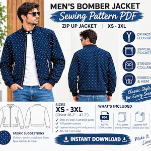 Mens Bomber Jacket Sewing Pattern PDF | XS-3XL Zip Up Jacket Pattern | Mens Casual Jacket with Pockets | A0 A4 Letter Printable Pattern