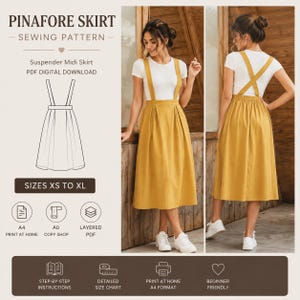 Può includere: Un cartamodello per una gonna midi con bretelle color giallo senape, etichettato come Pinafore Skirt Sewing Pattern PDF Digital Download. Include un disegno al tratto della gonna, taglie dalla XS alla XL e icone per i formati A4, A0 e PDF.