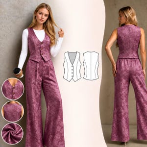 May include: A matching set consisting of a sleeveless waistcoat and wide-leg trousers in a textured magenta fabric with a subtle floral pattern. The waistcoat features a V-neckline and a four-button front closure. Includes a technical line drawing of the waistcoat.
