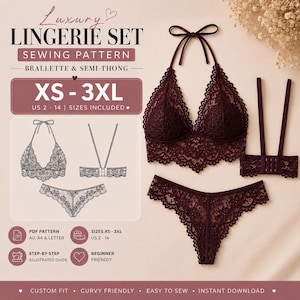 May include: A dark burgundy lace lingerie set sewing pattern including a bralette with halter straps and a semi-thong. The text reads Luxury Lingerie Set Sewing Pattern, XS-3XL, US 2-14, PDF Pattern, Step-by-Step Illustrated Guide, and Beginner Friendly.