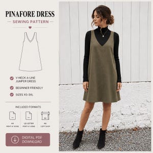 Può includere: Un cartamodello per un abito a trapezio con scollo a V. L'immagine mostra il testo PINAFORE DRESS SEWING PATTERN, V-NECK A-LINE JUMPER DRESS, BEGINNER FRIENDLY, SIZES XS-3XL, INCLUDED FORMATS, A4, US LETTER, A0 e DIGITAL PDF DOWNLOAD.