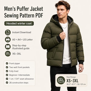 Op de afbeelding: Een PDF-naaipatroon voor een gewatteerde jas met capuchon. De jas is olijfgroen met een zwarte voering, een ritssluiting aan de voorzijde en twee steekzakken. Tekst bevat Men's Puffer Jacket Sewing Pattern PDF, Instant Download, A0 + A4 + US Letter, XS-3XL.