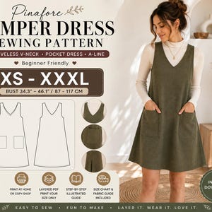 May include: A sewing pattern for a sleeveless V-neck A-line jumper dress with pockets. The pattern includes sizes XS to XXXL, covering busts from 87 to 117 cm. It features a line drawing, instructions for PDF printing, and a size guide.