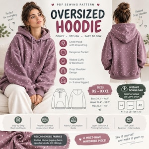 Op de afbeelding: Een PDF-naaipatroon voor een oversized hoodie met een gespikkeld patroon. Het ontwerp heeft een gevoerde capuchon met trekkoord, kangoeroezak, geribbelde boorden, tailleband en verlaagde schouders. Inclusief maten XS-XXXL met buste 87-117 cm.
