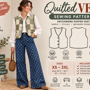 Könnte beinhalten: Ein digitales Schnittmuster für eine gesteppte Weste mit Patchwork-Design. Das Dokument enthält technische Zeichnungen der Weste, Größen von XS bis 3XL für einen Brustumfang von 87 bis 117 cm sowie Symbole für Stoffarten wie Flanell und Sherpa.