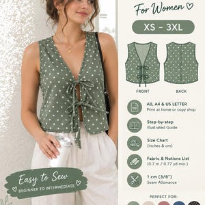 May include: A digital sewing pattern for a tie-front wrap vest with a green and white polka dot design. The document includes technical illustrations of the front and back, size range XS-3XL, and instructions for A0, A4, and US letter printing.