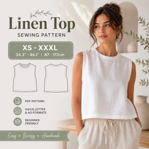 May include: A sewing pattern for a sleeveless linen top, featuring the text Linen Top Sewing Pattern, sizes XS-XXXL, and measurements 34.3-46.1 inches. The graphic includes a technical line drawing of the front and back of the garment.