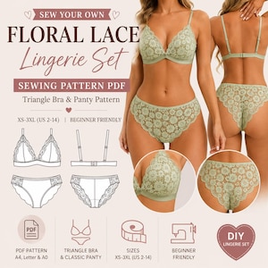 May include: A sewing pattern PDF for a floral lace lingerie set, including a triangle bra and panty. The image displays the finished sage green lace set, technical line drawings, and text: SEW YOUR OWN FLORAL LACE Lingerie Set SEWING PATTERN PDF.