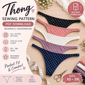 Könnte beinhalten: Ein digitales Schnittmuster für einen Tanga mit dem Text Thong Sewing Pattern, PDF Download und den Größen XS-3XL. Das Bild zeigt fünf Tangas in Schwarz, Rosa, Weiß, Lila und Marineblau, alle mit weißen Punkten versehen.