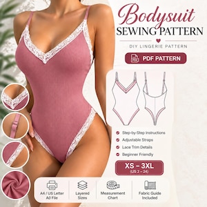 Bodysuit Sewing Pattern PDF | Lingerie Cami Bodysuit Pattern | Lace Trim Thong Back Bodysuit | Adjustable Strap Sewing Pattern XS-3XL