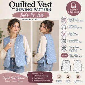 May include: A digital sewing pattern for a light blue quilted vest with white polka dots, featuring side ties for an adjustable fit. The pattern includes instructions for sizes XS-3XL, covering 36.9-48.7 inch busts, and is formatted for home printing.