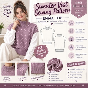 May include: A digital sewing pattern for the Emma Top, a sleeveless sweater vest with a turtleneck, cap sleeves, and a ribbed waistband. The pattern includes sizes XS-3XL, US 4-22, layered files, an illustrated guide, and fabric layout.