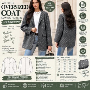 Può includere: Un cartamodello digitale per un cappotto oversize senza colletto in tessuto grigio scuro con stampa a pois bianchi. Il modello include istruzioni per una vestibilità squadrata, maniche in due pezzi, chiusura frontale a bottoni e tre tasche.