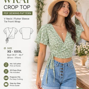 Wrap Crop Top Sewing Pattern PDF | Tie Front Wrap Top Pattern | XS-XXXL | Plus Size Crop Top Pattern Women | V Neck Flutter Sleeve Top