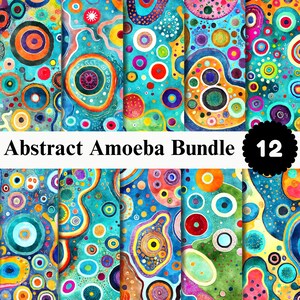 Peut inclure: Une collection d'art numérique intitulée Abstract Amoeba Bundle 12, composée de dix panneaux verticaux remplis de formes circulaires et amiboïdes colorées dans des tons turquoise, bleu, orange, rose et jaune, avec des textures variées.