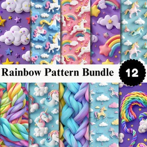 Op de afbeelding: Een digitaal patroonpakket met twaalf ontwerpen met 3D-stijl eenhoorns, regenbogen, wolken en sterren in pastelkleuren. De collectie bevat herhalende motieven van gevlochten texturen op paarse, roze en blauwe achtergronden.