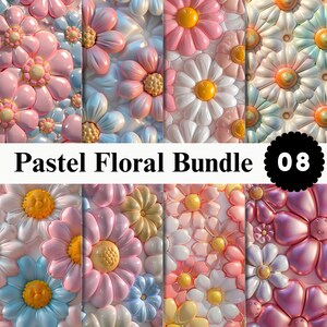 May include: A digital graphic collection titled Pastel Floral Bundle 08, featuring eight distinct panels of 3D-rendered flowers in pastel pink, blue, yellow, and white. Each panel displays various daisy-like blossoms with glossy, rounded petals.
