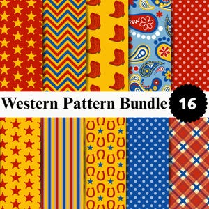 Può includere: Una collezione digitale intitolata Western Pattern Bundle 16 che presenta dieci distinti motivi ripetuti, tra cui stelle rosse su giallo, chevron blu e rossi, stivali da cowboy rossi su giallo, paisley blu, pois rossi, strisce e motivi scozzesi.