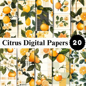Könnte beinhalten: Eine Sammlung von 20 digitalen Papieren mit Zitrusfruchtmustern. Die Designs zeigen Orangen, Zitronen und weiße Blüten vor Hintergründen mit Karos, Schachbrettmustern und cremefarbenen Flächen. Der Text Citrus Digital Papers 20 ist sichtbar.