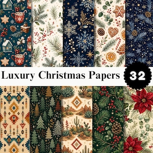 May include: A collection of 32 digital papers featuring various holiday patterns including Christmas trees, snowflakes, gingerbread cookies, poinsettias, desert landscapes, and geometric designs in red, green, blue, and cream color palettes.
