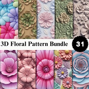 May include: A digital collection titled 3D Floral Pattern Bundle 31 featuring various panels of embossed flower designs in shades of pink, blue, green, and beige. The patterns display layered petals, intricate textures, and botanical motifs.