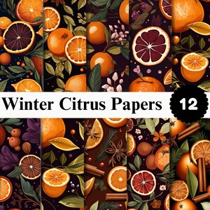 May include: A digital paper set titled Winter Citrus Papers featuring 12 patterns of oranges, blood oranges, cinnamon sticks, star anise, and green leaves on dark backgrounds. The collection displays various citrus slices and whole fruits.
