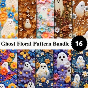 May include: A digital collection titled Ghost Floral Pattern Bundle 16 featuring sixteen distinct rectangular designs. Each pattern displays white cartoon ghosts surrounded by colorful flowers in various shades of blue, orange, yellow, and purple.