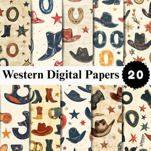 Può includere: Una collezione di venti carte digitali con un motivo ripetitivo di stivali da cowboy, cappelli, ferri di cavallo e stelle in tonalità rosso, blu e marrone su sfondo crema con il testo Western Digital Papers 20 visualizzato chiaramente.