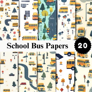 Digitalt papperspaket med skolbussar | Sömlösa transportmönster | Bakgrundspaket för barnvägar, utskrivbart JPG