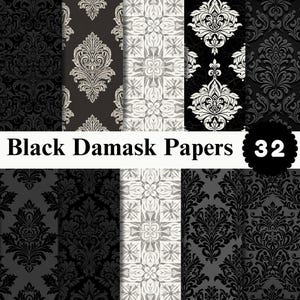 May include: A collection of 32 digital papers featuring various black, white, and gray damask patterns. The image displays multiple vertical panels with intricate floral and geometric motifs, overlaid with the text Black Damask Papers 32.