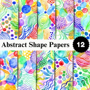 Peut inclure: Une collection de 12 papiers numériques présentant des motifs aquarelles vibrants avec des formes abstraites, y compris des cercles, des lignes ondulées et des spirales dans une palette de couleurs arc-en-ciel. Le texte Abstract Shape Papers 12 est affiché.