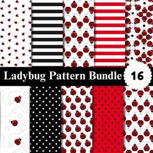 May include: A digital collection of 16 patterns featuring ladybird motifs, black and white stripes, red and white stripes, and polka dots. The designs include repeating ladybirds, dotted lines with hearts, and solid colour backgrounds in red, black, and white.