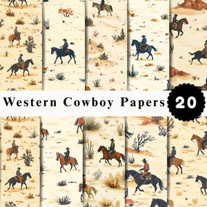 May include: A collection of twenty digital papers featuring repeating illustrations of cowboys riding horses through a desert landscape with cacti and shrubs. The text Western Cowboy Papers 20 is displayed in black on a white background.