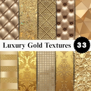 May include: A collection of ten distinct gold-toned digital textures featuring patterns such as tufted leather, metallic foil, embossed squares, geometric facets, glitter stripes, damask motifs, and mosaic tiles with the text Luxury Gold Textures 33.