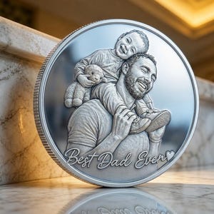 Könnte beinhalten: Eine kreisförmige silberfarbene Gedenkmünze mit einem Relief eines lächelnden Erwachsenen, der ein Kind auf den Schultern trägt. Das Kind hält einen kleinen Teddybären. Der Text Best Dad Ever ist unten mit einem kleinen Herz eingraviert.
