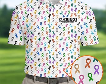 El cáncer apesta en todos los colores. Polo de golf blanco, camiseta polo para supervivientes de cáncer, camiseta polo de concienciación sobre el cáncer, polo para día de golf, polo de apoyo al cáncer.