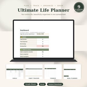 Feuille de calcul Google pour la planification de vie | Agenda numérique tout-en-un | Suivi du budget, des habitudes et des objectifs | Tableur de planification de vie