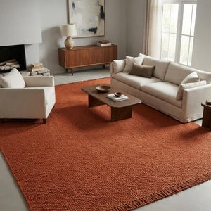 May include: A large, rectangular, burnt orange area rug with a thick, chunky, hand-knotted texture and a fringe detail along the shorter edges. The rug features a solid, uniform color throughout its entire surface, providing a bold, textured foundation.
