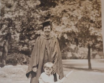 Vintage 1935 Young Woman Graduate with Child Photograph Black and White 5x7