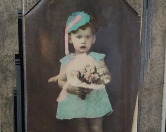 Vintage 1940's Hand-Colored Photograph Little Girl