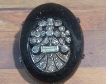 Antique Black Glass Rhinestone Brooch