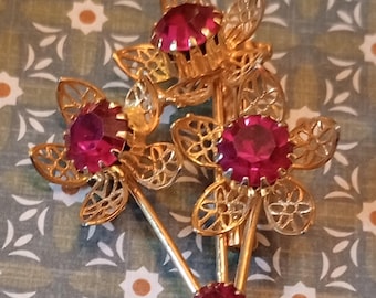 Vintage Red Floral Pin Brooch
