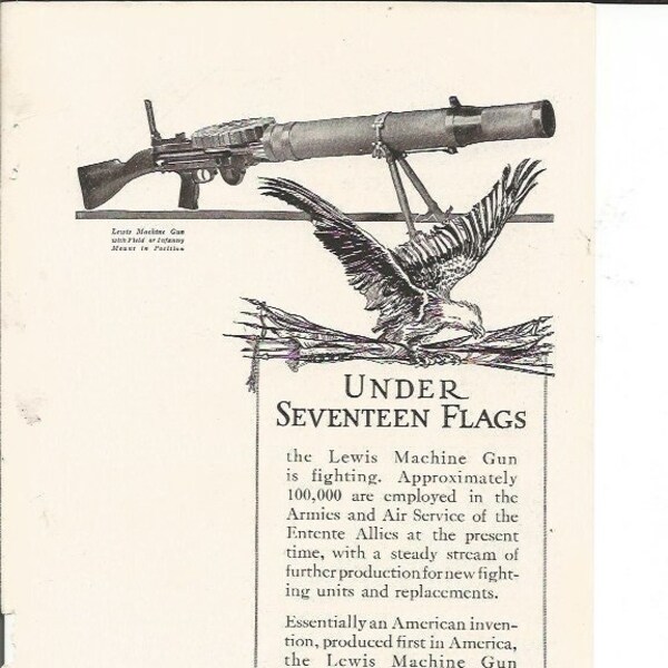 Antique 1910's Savage Arms Corporation Lewis Machine Gun Magazine Advertising Ad