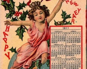 Antique 1911 Calendar New Year Unused Post Card Ephemera